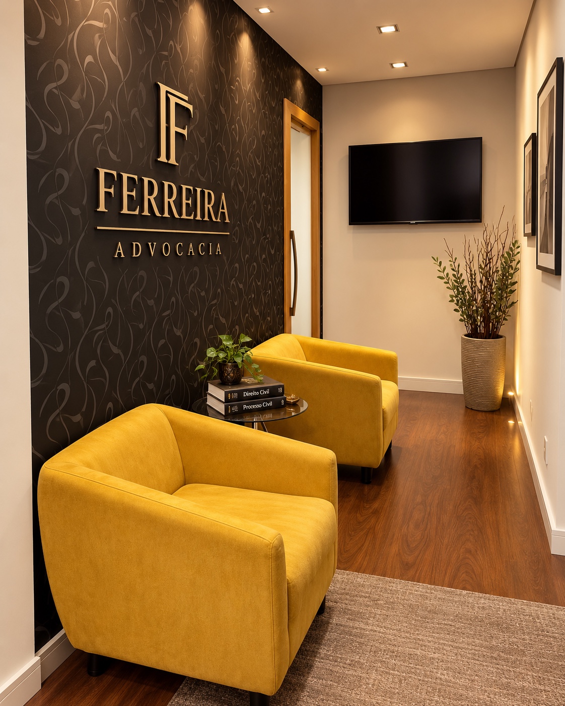 Ambiente de espera com poltronas amarelas, nome Ferreira Advocacia e televisão ao fundo